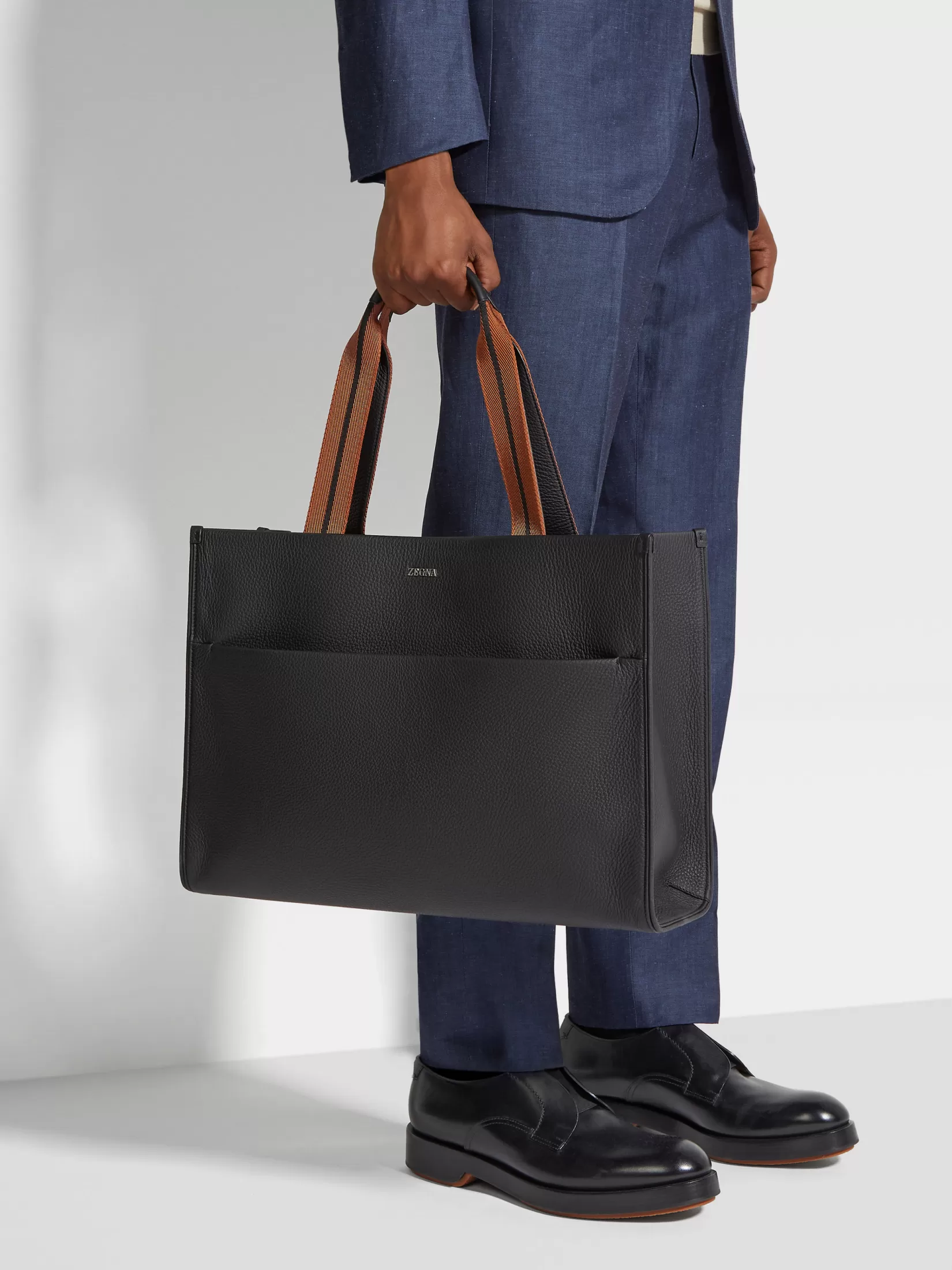 Cheap ZEGNA Bolso Tote Horizontal en Piel de Ciervo Color Negro