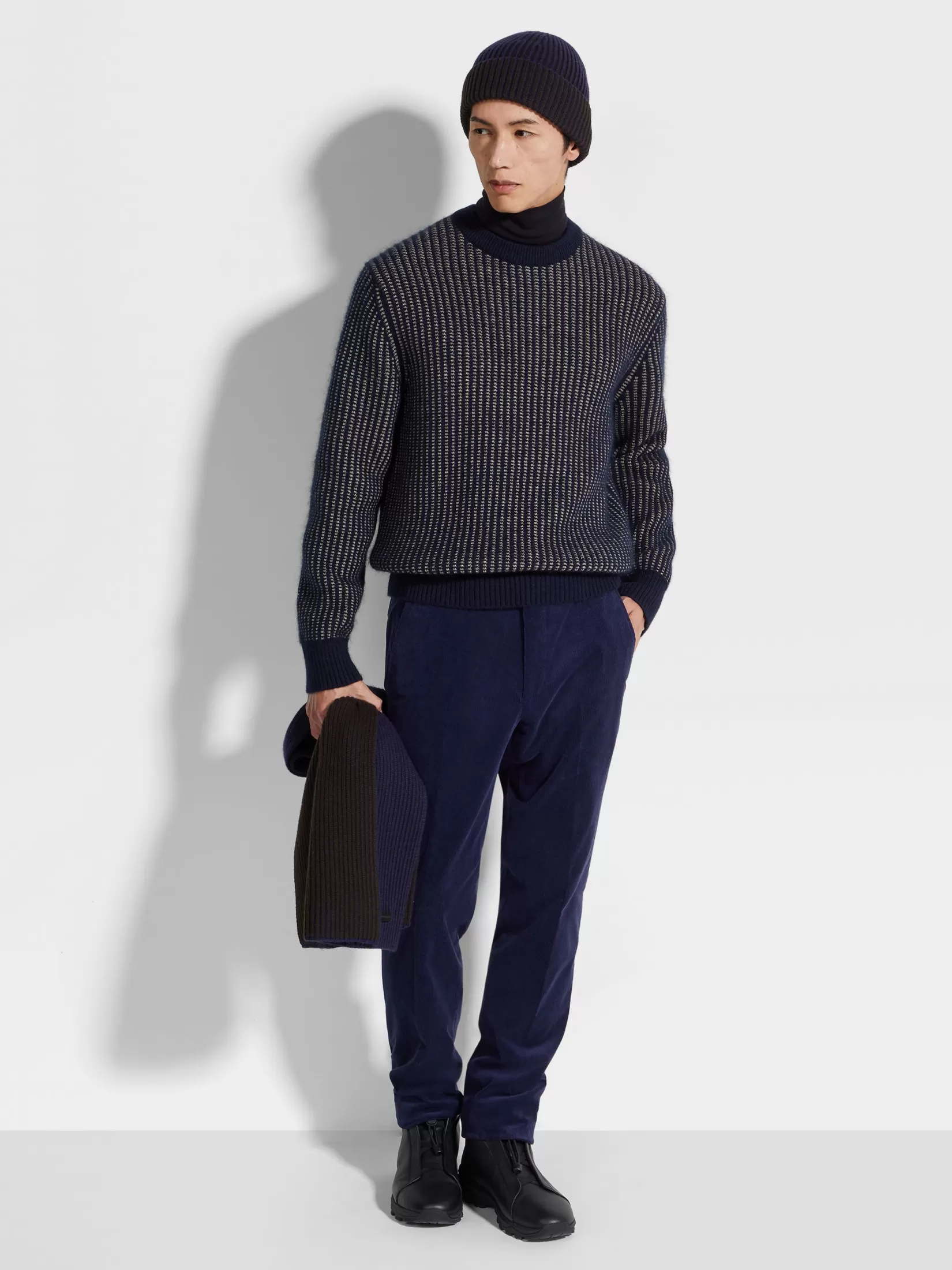 Store ZEGNA Jersey con Cuello Redondo de Cachemira, Mohair y Seda Azul Tinta y Gris Pardo Claro Azultinta/Pardoclaro