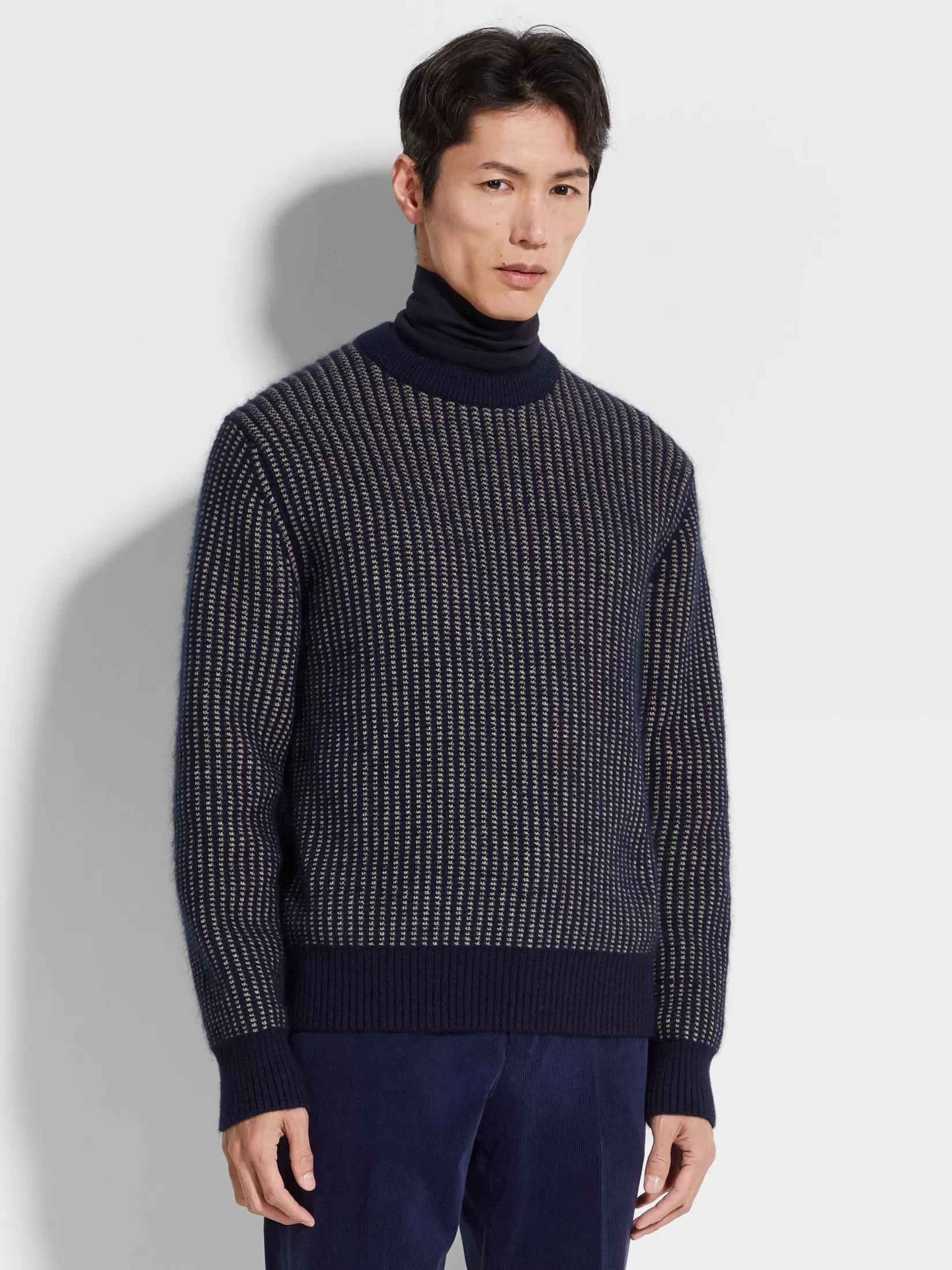 Store ZEGNA Jersey con Cuello Redondo de Cachemira, Mohair y Seda Azul Tinta y Gris Pardo Claro Azultinta/Pardoclaro