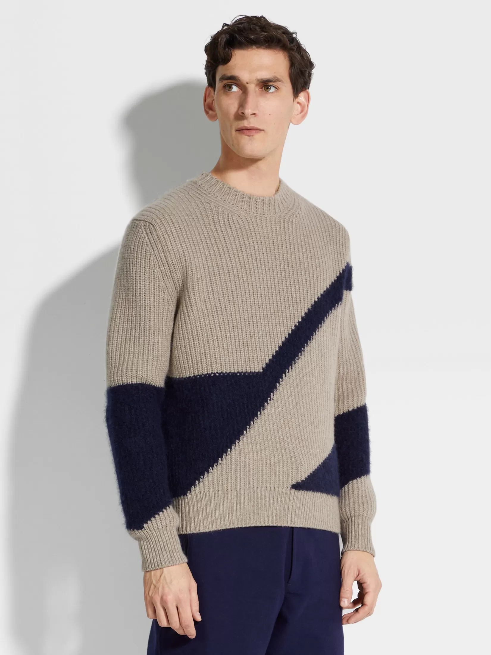 Sale ZEGNA Jersey con Cuello Redondo de Cachemira y Seda Gris Pardo Claro y Azul Tinta Pardoclaro/Azultinta