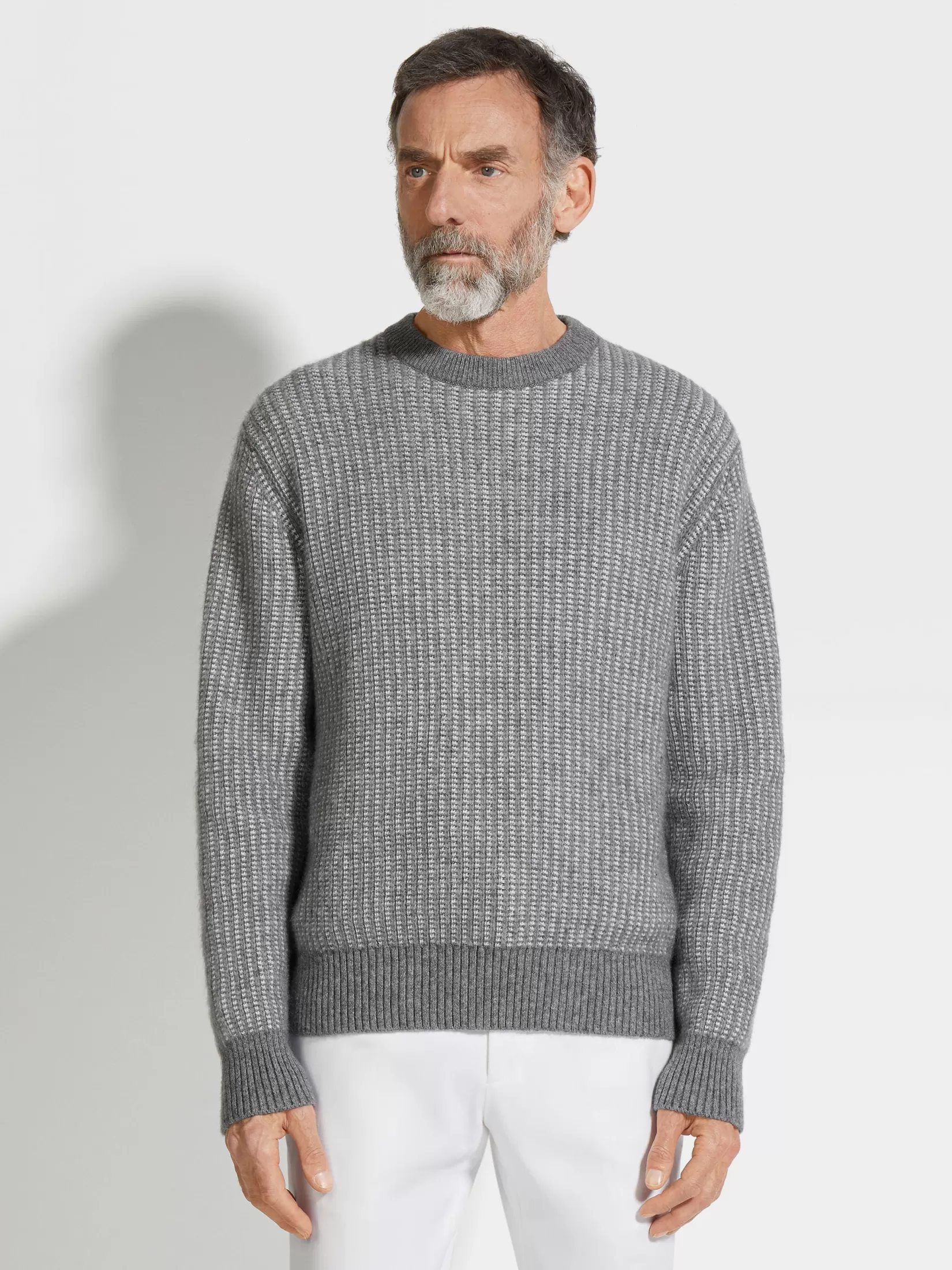 Discount ZEGNA Jersey de Cuello Redondo en Cachemira, Mohair y Seda Gris y Blanco Gris/Blanco