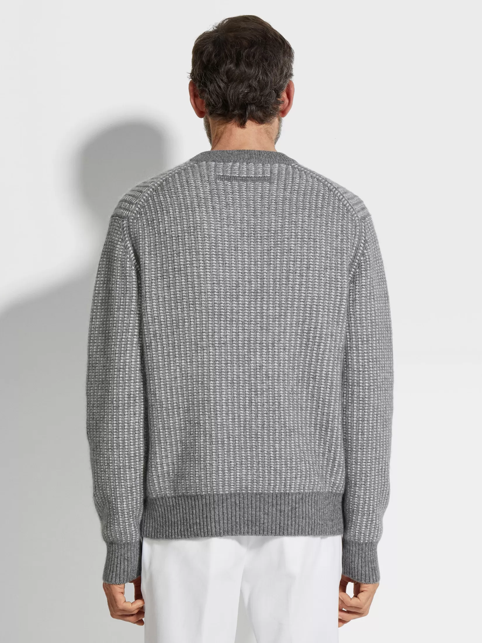 Discount ZEGNA Jersey de Cuello Redondo en Cachemira, Mohair y Seda Gris y Blanco Gris/Blanco